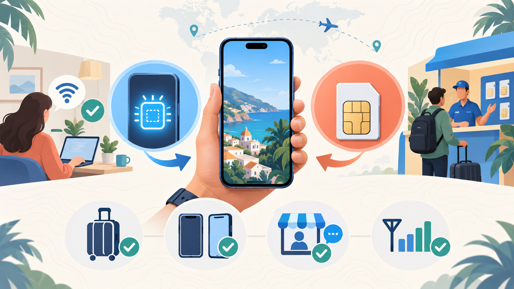 Decision guide comparing eSIM and a physical SIM for travel. eSIM favors setup before departure and keeping a primary number; a physical SIM favors a local number and in-person support. Both require checking network and plan rules.